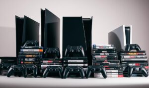 A meticulously curated collection of exclusive video game titles, showcased against a backdrop of sleek, modern gaming consoles. In the foreground, an array of controllers, peripherals, and carefully stacked game cases, each representing a beloved franchise or groundbreaking new release. The middle ground features the imposing silhouettes of the latest gaming systems, their minimalist designs hinting at the power and innovation within. The background is a soft, neutral palette, allowing the vibrant colors and detailed textures of the gaming paraphernalia to take center stage, creating a sense of focus and emphasis on the exclusive nature of the collection. Dramatic, directional lighting casts dramatic shadows, adding depth and drama to the scene, while a shallow depth of field ensures the viewer's attention remains firmly fixed on the expertly curated "koleksi game eksklusif." A meticulously curated collection of exclusive video game titles, showcased against a backdrop of sleek, modern gaming consoles. In the foreground, an array of controllers, peripherals, and carefully stacked game cases, each representing a beloved franchise or groundbreaking new release. The middle ground features the imposing silhouettes of the latest gaming systems, their minimalist designs hinting at the power and innovation within. The background is a soft, neutral palette, allowing the vibrant colors and detailed textures of the gaming paraphernalia to take center stage, creating a sense of focus and emphasis on the exclusive nature of the collection. Dramatic, directional lighting casts dramatic shadows, adding depth and drama to the scene, while a shallow depth of field ensures the viewer's attention remains firmly fixed on the expertly curated "koleksi game eksklusif."