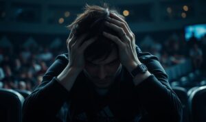 A professional esports player sits alone, head in hands, overwhelmed by the intense pressure and mental strain of their competitive career. Muted, somber lighting casts deep shadows, reflecting the emotional turmoil. In the background, a blurred crowd and stadium seating suggest the high-stakes environment. The player's expression conveys exhaustion, anxiety, and the weight of public scrutiny. Realistic, cinematic style with a focus on the player's pained, introspective gaze - capturing the hidden challenges and controversies of the esports industry.