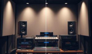 A professional studio setup with a high-fidelity audio system, including speakers, amplifiers, and mixing consoles. The scene depicts a detailed comparison of audio quality between two streaming platforms, showcasing the nuances in sound reproduction, dynamic range, and overall listening experience. Soft, even lighting illuminates the equipment, creating a sense of precision and technical excellence. The background is subtly blurred, allowing the audio gear to take center stage and convey the importance of audio quality in the streaming landscape.