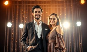 A sibling duo standing side-by-side, radiating confidence and charisma. The older brother, in a sharp suit, exudes a commanding presence, while the younger sister, in a flowing dress, emanates a graceful elegance. They are framed by a backdrop of glittering stage lights, hinting at their thriving careers in the entertainment industry. The scene is bathed in a warm, golden glow, conveying a sense of success, harmony, and the bond between these industry leaders. The composition is balanced, with the siblings positioned centrally, inviting the viewer to witness their journey and appreciate the unique synergy of their creative partnership.