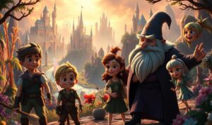 A vibrant and fantastical animated film scene, set in a whimsical world of magic and wonder. In the foreground, a group of enchanting characters - a brave young hero, a wise old wizard, and a mischievous fairy - embark on an epic adventure, their expressions and body language oozing with personality and emotion. The middle ground is filled with towering, fantastical landscapes - towering castles, enchanted forests, and shimmering rivers. The background is bathed in a warm, golden glow, with dramatic lighting that casts long shadows and highlights the magical, otherworldly elements. The overall mood is one of wonder, discovery, and the boundless possibilities of the imagination.