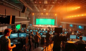 A vibrant and technologically advanced film production studio, bathed in warm, cinematic lighting. In the foreground, a team of skilled crew members operate state-of-the-art cameras and equipment, capturing the magic of the filmmaking process. In the middle ground, a sprawling array of computer monitors, editing suites, and cutting-edge post-production tools, showcasing the seamless integration of technology and creativity. The background is dominated by a vast, futuristic soundstage, complete with towering green screens, intricate lighting rigs, and a sense of creative energy and innovation. The overall scene conveys the cutting-edge nature of Hollywood's filmmaking technology, reflecting the industry's constant drive for innovation and global dominance.