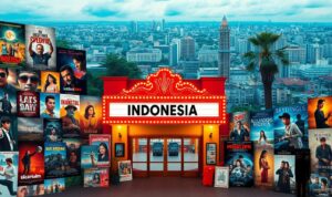 A vibrant collage showcasing a diverse array of film genres and movie posters, set against a warm and inviting cinematic backdrop. Prominent in the foreground are captivating Indonesian film posters, each with a unique artistic flair, inviting the viewer to explore the rich tapestry of the local film industry. In the middle ground, a neon-lit movie theater marquee beckons, its lights casting a glow that illuminates the scene. The background features a sweeping panorama of a bustling city skyline, hinting at the broader cultural context that shapes the filmmaking landscape. The overall composition exudes a sense of discovery, encouraging the viewer to delve deeper into the world of Indonesian cinema and uncover new cinematic gems.