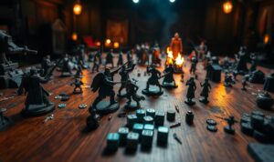 An intricately detailed tabletop game battlefield, featuring a richly textured wooden surface with meticulously crafted game pieces and terrain elements. In the foreground, a group of adventurers engage in a tense combat scenario, their expressions and poses conveying the high-stakes intensity of the battle. The middle ground showcases an array of tactical tokens, dice, and other gaming accessories, hinting at the depth and complexity of the gameplay mechanics. In the background, a dimly lit, atmospheric studio setting with dramatic lighting and shadows, creating a sense of immersion and drama. The overall scene captures the essence of a captivating tabletop roleplaying game, where strategy, adventure, and imagination converge. An intricately detailed tabletop game battlefield, featuring a richly textured wooden surface with meticulously crafted game pieces and terrain elements. In the foreground, a group of adventurers engage in a tense combat scenario, their expressions and poses conveying the high-stakes intensity of the battle. The middle ground showcases an array of tactical tokens, dice, and other gaming accessories, hinting at the depth and complexity of the gameplay mechanics. In the background, a dimly lit, atmospheric studio setting with dramatic lighting and shadows, creating a sense of immersion and drama. The overall scene captures the essence of a captivating tabletop roleplaying game, where strategy, adventure, and imagination converge.