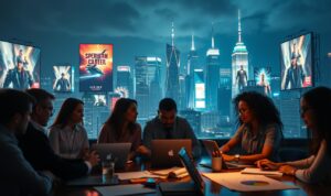 a high-quality, cinematic-style image of a strategic marketing campaign for a superhero film. The foreground features a diverse team of marketing professionals brainstorming ideas, with laptops, whiteboards, and creative materials surrounding them. In the middle ground, there are posters, billboards, and digital screens showcasing the superhero film's brand identity and promotional materials. The background depicts a city skyline at night, with skyscrapers and neon lights that create a dynamic, futuristic atmosphere. The lighting is moody and dramatic, with a mix of cool and warm tones to convey a sense of excitement and anticipation around the film's marketing strategy.
