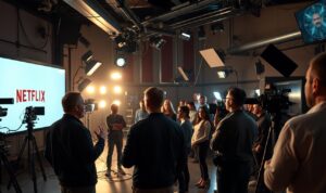 A modern, well-equipped Netflix production studio, filled with state-of-the-art filming equipment and a bustling crew. In the foreground, a director stands in front of a large screen, gesturing as they review the latest footage. Technicians and camera operators move around the set, adjusting lights and cameras. In the middle ground, a group of actors rehearse a tense scene, their expressions intense as they bring the script to life. The background is a maze of cables, lighting rigs, and sound equipment, creating an immersive atmosphere of creative energy and cinematic ambition. The lighting is a mix of warm, natural tones and cool, technical illumination, conveying the high-stakes, thriller-like nature of the production. A modern, well-equipped Netflix production studio, filled with state-of-the-art filming equipment and a bustling crew. In the foreground, a director stands in front of a large screen, gesturing as they review the latest footage. Technicians and camera operators move around the set, adjusting lights and cameras. In the middle ground, a group of actors rehearse a tense scene, their expressions intense as they bring the script to life. The background is a maze of cables, lighting rigs, and sound equipment, creating an immersive atmosphere of creative energy and cinematic ambition. The lighting is a mix of warm, natural tones and cool, technical illumination, conveying the high-stakes, thriller-like nature of the production.