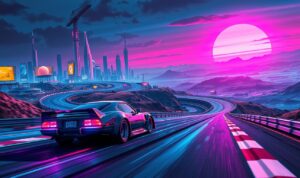 A retro-futuristic racetrack winding through a neon-drenched Retrowave World. In the foreground, a sleek, low-slung sports car with a distinctive 80s aesthetic races along the track, its chrome and vibrant pink/blue lighting catching the eye. The middle ground features a moody, synthwave-inspired skyline with towering skyscrapers, billboards, and other retro-futuristic structures bathed in a kaleidoscope of vibrant colors. The background showcases a vast, alien landscape with rolling hills, rugged mountains, and a stunning sunset horizon, all infused with a pulsing, retro-futuristic energy. The lighting is dramatic, with strong shadows, neon highlights, and a sense of speed and motion. The overall aesthetic blends classic racing elements with a distinct Retrowave flavor, creating an immersive and captivating scene.