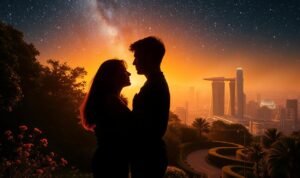 A serene, romantic scene of two young lovers embracing under a starry night sky. The foreground features the couple silhouetted against a warm, golden glow, their faces close and their bodies intertwined. The middle ground depicts a lush, verdant garden with blooming flowers and winding pathways. The background showcases a stunning, ethereal cityscape shrouded in a hazy, dreamlike atmosphere, with towering skyscrapers and twinkling lights. The lighting is soft and diffused, creating a sense of intimacy and tranquility. The overall composition evokes a feeling of deep, soulful connection and the power of love to inspire and transform.