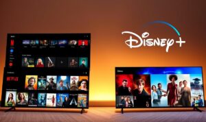 A side-by-side comparison of the user interface and content libraries of the Netflix and Disney+ streaming platforms. The foreground depicts the main navigation menus and content genre sections of each platform, displayed on sleek, modern devices. The middle ground showcases prominent movie and TV show thumbnails from both services, highlighting the diversity of their respective catalogs. The background features a soft, cinematic lighting setup, creating a premium, high-quality atmosphere. The overall composition emphasizes the key features and content differences between the two leading streaming services, enabling viewers to make an informed decision about which platform best suits their family's entertainment needs. A side-by-side comparison of the user interface and content libraries of the Netflix and Disney+ streaming platforms. The foreground depicts the main navigation menus and content genre sections of each platform, displayed on sleek, modern devices. The middle ground showcases prominent movie and TV show thumbnails from both services, highlighting the diversity of their respective catalogs. The background features a soft, cinematic lighting setup, creating a premium, high-quality atmosphere. The overall composition emphasizes the key features and content differences between the two leading streaming services, enabling viewers to make an informed decision about which platform best suits their family's entertainment needs.
