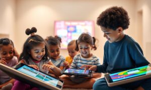 A vibrant digital education program for children, set against a warm, inviting backdrop. In the foreground, a group of diverse kids engaged in interactive learning activities on sleek, modern digital devices, their faces alight with curiosity and joy. In the middle ground, a colorful, interactive digital display showcases educational content, while the background features a minimalist, light-filled room with clean, contemporary design elements. The scene is bathed in a soft, diffused lighting that enhances the sense of engagement and exploration. The overall atmosphere conveys a balanced, nurturing environment that fosters children's digital learning and development. A vibrant digital education program for children, set against a warm, inviting backdrop. In the foreground, a group of diverse kids engaged in interactive learning activities on sleek, modern digital devices, their faces alight with curiosity and joy. In the middle ground, a colorful, interactive digital display showcases educational content, while the background features a minimalist, light-filled room with clean, contemporary design elements. The scene is bathed in a soft, diffused lighting that enhances the sense of engagement and exploration. The overall atmosphere conveys a balanced, nurturing environment that fosters children's digital learning and development.